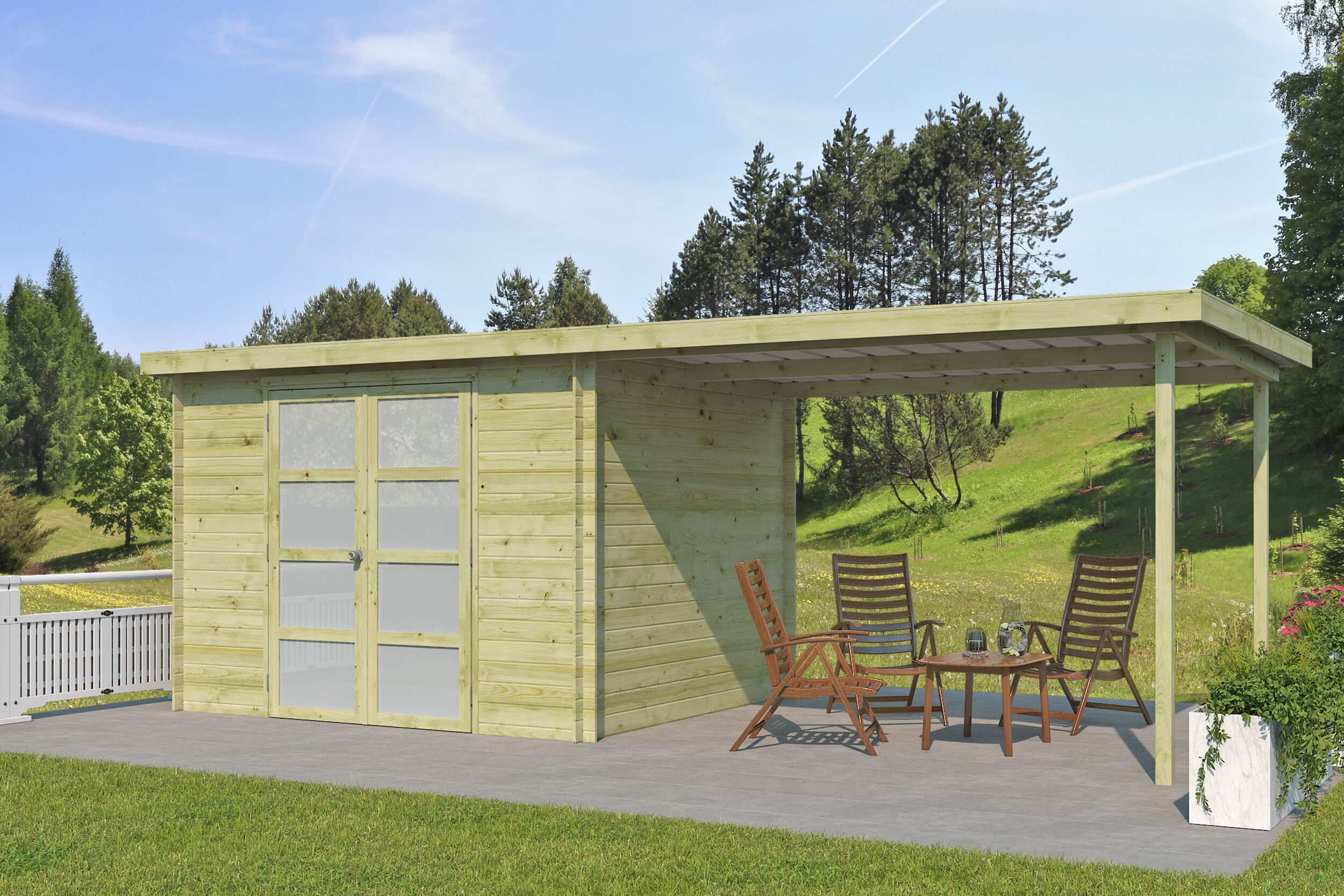 25 % reduziert: Gerätehaus Modell Umea 7,38 m² + 300 cm Anbau 32m² Unkategorisiert online kaufen