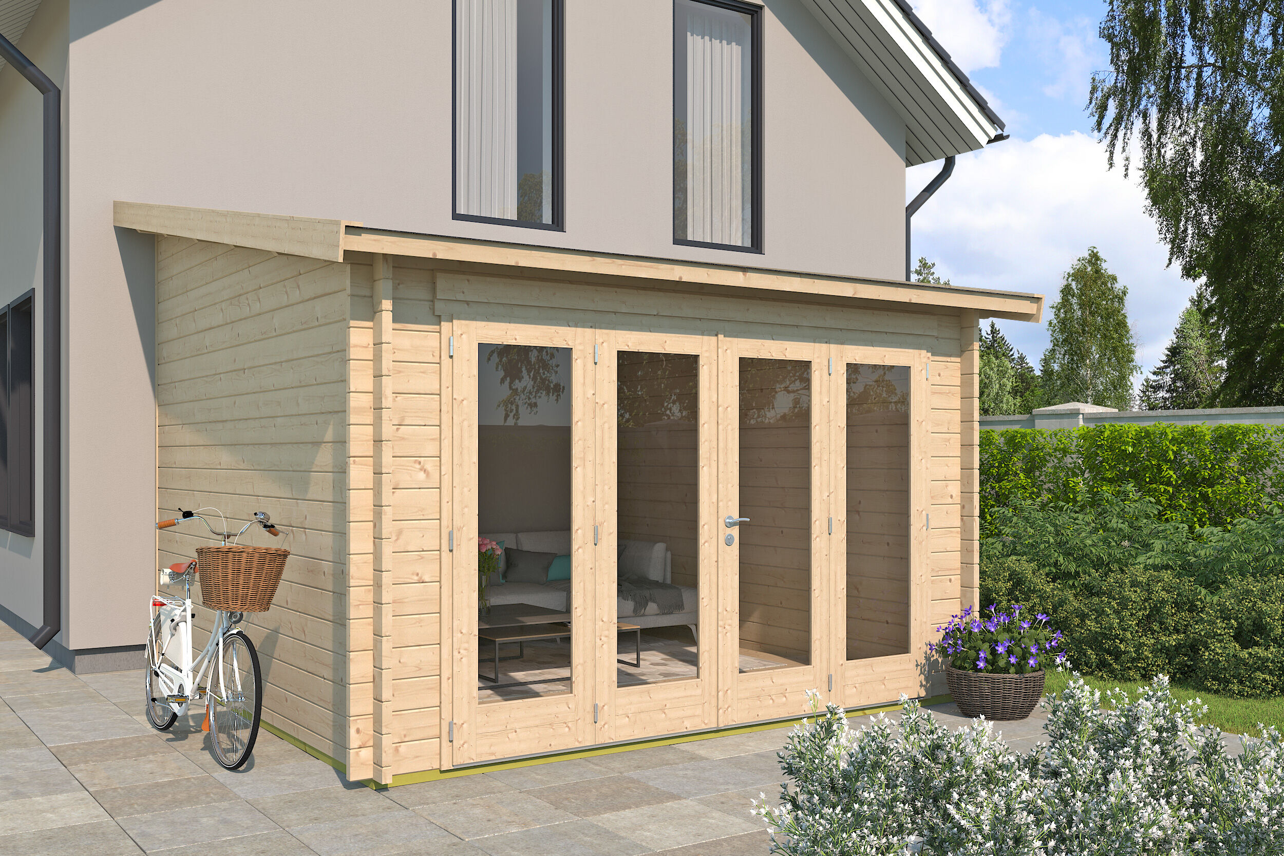 26 % reduziert: Gartenhaus-Sonderangebot Modell Anbau Lounge 44 B 12m² Unkategorisiert online kaufen
