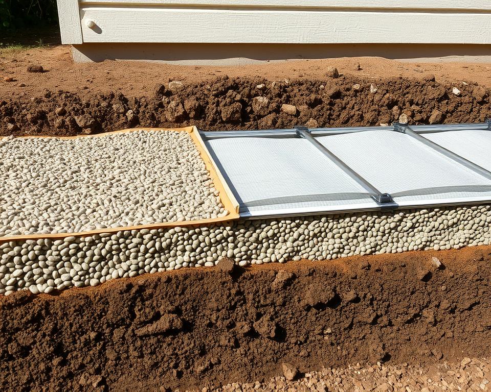 Drainageschicht und Bewehrung Streifenfundament Drainageschicht und Bewehrung Streifenfundament