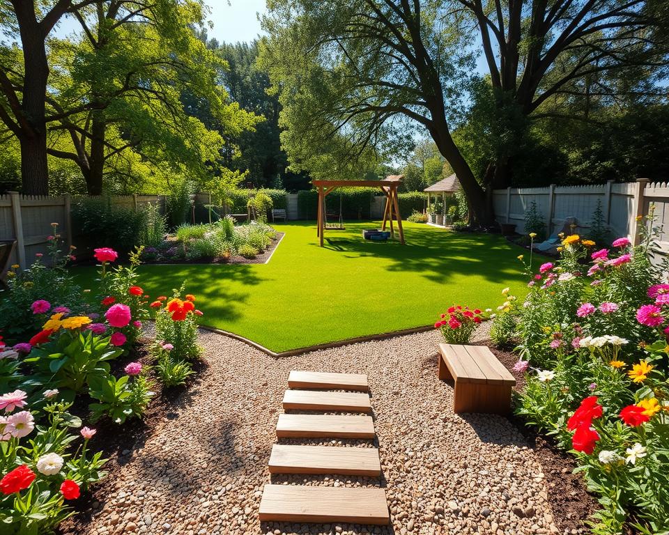 A beautifully designed family garden layout that showcases clear pathways and distinct zones. In the foreground, a well-maintained gravel path winds through vibrant flower beds filled with blooming plants, while wooden stepping stones lead to a small, serene seating area. In the middle ground, lush green grass separates the flower beds from a vegetable patch and a children's play area, featuring a small swing and sandbox. The background reveals tall trees providing shade, framed by a clear blue sky with sunlight filtering through the leaves. Use a wide-angle lens to capture the depth of the garden. The atmosphere should feel inviting, peaceful, and harmonious, evoking the joy of family life in nature. A beautifully designed family garden layout that showcases clear pathways and distinct zones. In the foreground, a well-maintained gravel path winds through vibrant flower beds filled with blooming plants, while wooden stepping stones lead to a small, serene seating area. In the middle ground, lush green grass separates the flower beds from a vegetable patch and a children's play area, featuring a small swing and sandbox. The background reveals tall trees providing shade, framed by a clear blue sky with sunlight filtering through the leaves. Use a wide-angle lens to capture the depth of the garden. The atmosphere should feel inviting, peaceful, and harmonious, evoking the joy of family life in nature.