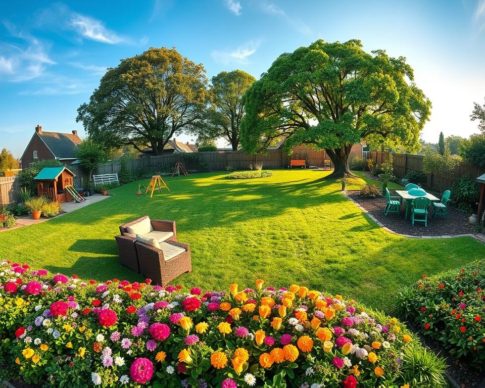 A beautifully designed family garden showcasing various zones for activity and relaxation. In the foreground, a vibrant flower bed with colorful blooms surrounding a cozy seating area with comfortable chairs and a small table. In the middle ground, lush green grass expands into distinct zones like a play area with children’s toys, a vegetable patch with ripe produce, and a shaded picnic area under a large tree. The background features a clear blue sky with soft, warm sunlight filtering through. The atmosphere is peaceful and inviting, encouraging families to gather and enjoy the outdoors. The scene is captured with a wide-angle lens, providing a comprehensive view of this harmonious garden space, promoting the joys of family gardening. A beautifully designed family garden showcasing various zones for activity and relaxation. In the foreground, a vibrant flower bed with colorful blooms surrounding a cozy seating area with comfortable chairs and a small table. In the middle ground, lush green grass expands into distinct zones like a play area with children’s toys, a vegetable patch with ripe produce, and a shaded picnic area under a large tree. The background features a clear blue sky with soft, warm sunlight filtering through. The atmosphere is peaceful and inviting, encouraging families to gather and enjoy the outdoors. The scene is captured with a wide-angle lens, providing a comprehensive view of this harmonious garden space, promoting the joys of family gardening.