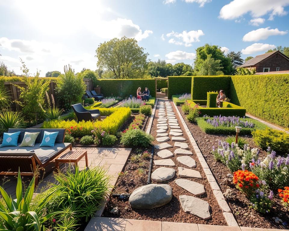 A beautifully designed garden scene that embodies the concept of "selecting a garden style." In the foreground, showcase a mix of modern and natural elements, including sleek garden furniture surrounded by lush, diverse plants, colorful flowers, and a small, serene water feature. In the middle ground, feature a pathway lined with intricately arranged stones, leading to different garden sections representing various styles, such as minimalist designs, wildflower patches, and classic hedges. The background displays a bright blue sky with soft clouds, casting gentle sunlight over the garden, creating a warm and inviting atmosphere. Use a slightly elevated angle to capture the layout and diversity of styles effectively, evoking a sense of tranquility and inspiration for garden design enthusiasts. A beautifully designed garden scene that embodies the concept of "selecting a garden style." In the foreground, showcase a mix of modern and natural elements, including sleek garden furniture surrounded by lush, diverse plants, colorful flowers, and a small, serene water feature. In the middle ground, feature a pathway lined with intricately arranged stones, leading to different garden sections representing various styles, such as minimalist designs, wildflower patches, and classic hedges. The background displays a bright blue sky with soft clouds, casting gentle sunlight over the garden, creating a warm and inviting atmosphere. Use a slightly elevated angle to capture the layout and diversity of styles effectively, evoking a sense of tranquility and inspiration for garden design enthusiasts.