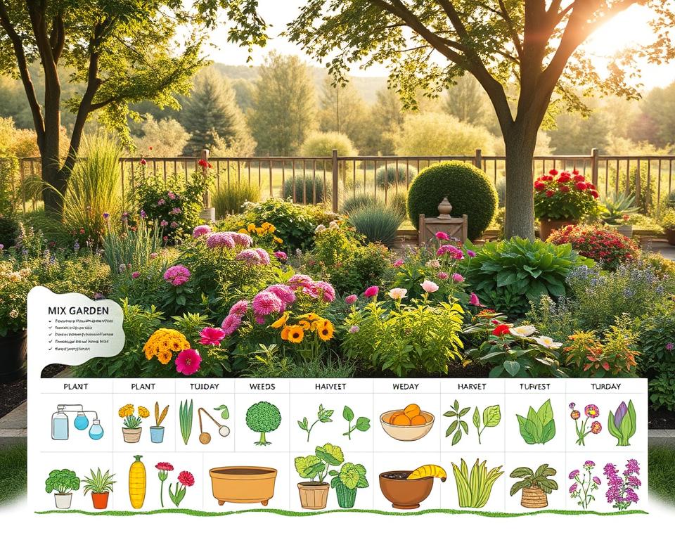 A beautifully organized garden maintenance plan displayed as an elegant illustrated chart. The foreground features colorful icons representing seasonal tasks like planting, watering, weeding, and harvesting, with neat, labeled sections for each month. In the middle, a lush mixgarden brimming with a variety of plants including vegetables, flowers, and herbs, all artistically arranged to showcase their growth. The background includes a serene garden landscape with soft sunlight filtering through trees, casting gentle shadows. The atmosphere is peaceful and inviting, resonating with a sense of productivity and joy in gardening. Captured with a warm color palette to enhance the mood, using a slightly elevated angle for a comprehensive view. A beautifully organized garden maintenance plan displayed as an elegant illustrated chart. The foreground features colorful icons representing seasonal tasks like planting, watering, weeding, and harvesting, with neat, labeled sections for each month. In the middle, a lush mixgarden brimming with a variety of plants including vegetables, flowers, and herbs, all artistically arranged to showcase their growth. The background includes a serene garden landscape with soft sunlight filtering through trees, casting gentle shadows. The atmosphere is peaceful and inviting, resonating with a sense of productivity and joy in gardening. Captured with a warm color palette to enhance the mood, using a slightly elevated angle for a comprehensive view.