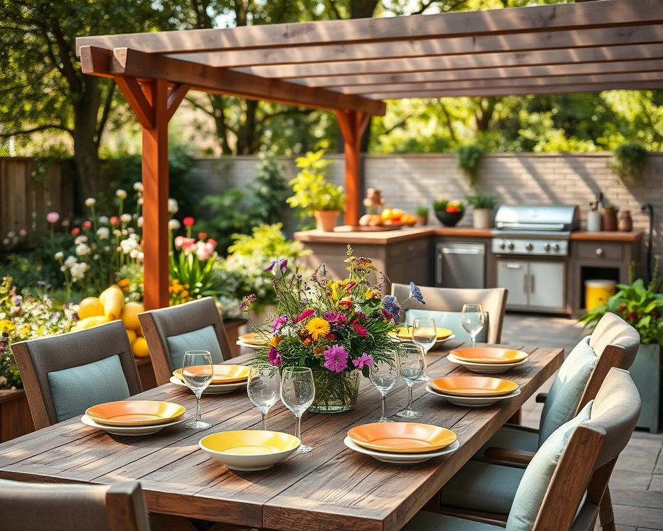 A cozy outdoor dining area in a family garden, featuring a rustic wooden dining table surrounded by comfortable, stylish chairs. In the foreground, a charming table is laid with vibrant plates and glasses, adorned with a centerpiece of colorful wildflowers. In the middle ground, a modern outdoor kitchen is visible, equipped with a grill and preparation space, showcasing fresh vegetables and herbs. The background features lush greenery, blooming flowers, and a serene atmosphere, with soft sunlight filtering through the trees. The scene conveys a harmonious, inviting mood, ideal for family gatherings. The lighting is warm and natural, capturing the essence of a delightful outdoor dining experience during a sunny day. A cozy outdoor dining area in a family garden, featuring a rustic wooden dining table surrounded by comfortable, stylish chairs. In the foreground, a charming table is laid with vibrant plates and glasses, adorned with a centerpiece of colorful wildflowers. In the middle ground, a modern outdoor kitchen is visible, equipped with a grill and preparation space, showcasing fresh vegetables and herbs. The background features lush greenery, blooming flowers, and a serene atmosphere, with soft sunlight filtering through the trees. The scene conveys a harmonious, inviting mood, ideal for family gatherings. The lighting is warm and natural, capturing the essence of a delightful outdoor dining experience during a sunny day.
