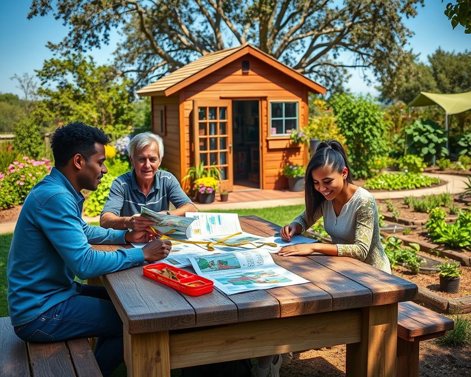A cozy outdoor scene showcasing a family planning their garden budget. In the foreground, a diverse family of four sits around a rustic wooden table filled with garden magazines, measuring tapes, and colorful sketches of their garden ideas. The middle ground features a lush garden space with blooming flowers and neatly tended vegetable plots, under a clear blue sky. In the background, a charming wooden shed is filled with gardening tools and supplies. Soft, warm sunlight filters through nearby trees, casting gentle shadows. The atmosphere is lively and encouraging, with a sense of collaboration and creativity in the air, capturing the essence of planning a successful family garden project. A cozy outdoor scene showcasing a family planning their garden budget. In the foreground, a diverse family of four sits around a rustic wooden table filled with garden magazines, measuring tapes, and colorful sketches of their garden ideas. The middle ground features a lush garden space with blooming flowers and neatly tended vegetable plots, under a clear blue sky. In the background, a charming wooden shed is filled with gardening tools and supplies. Soft, warm sunlight filters through nearby trees, casting gentle shadows. The atmosphere is lively and encouraging, with a sense of collaboration and creativity in the air, capturing the essence of planning a successful family garden project.