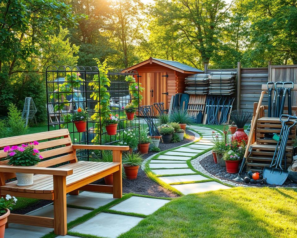 A meticulously arranged garden scene showcasing a variety of durable garden materials and equipment. In the foreground, a robust wooden garden bench made from weather-resistant wood sits alongside a collection of stylish yet practical outdoor planters filled with vibrant flowers. The middle ground features a smooth stone path winding through lush greenery, accentuated by metal trellises with climbing plants. In the background, a neatly stacked pile of durable garden tools, such as shovels and rakes, is displayed against a rustic wooden shed. The atmosphere is bright and inviting, illuminated by soft, golden sunlight filtering through leafy trees. The image captures a sense of harmony with nature while emphasizing functionality and durability in garden design. Use a warm color palette to enhance the serene vibe. A meticulously arranged garden scene showcasing a variety of durable garden materials and equipment. In the foreground, a robust wooden garden bench made from weather-resistant wood sits alongside a collection of stylish yet practical outdoor planters filled with vibrant flowers. The middle ground features a smooth stone path winding through lush greenery, accentuated by metal trellises with climbing plants. In the background, a neatly stacked pile of durable garden tools, such as shovels and rakes, is displayed against a rustic wooden shed. The atmosphere is bright and inviting, illuminated by soft, golden sunlight filtering through leafy trees. The image captures a sense of harmony with nature while emphasizing functionality and durability in garden design. Use a warm color palette to enhance the serene vibe.