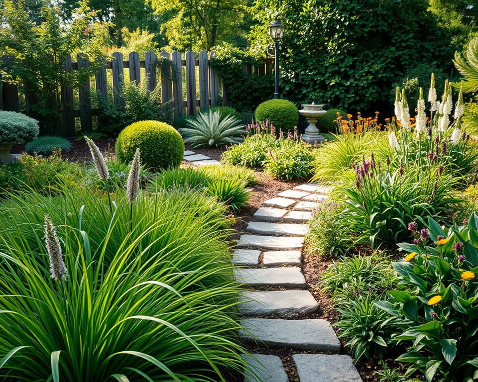 A serene family garden in Germany, filled with various low-maintenance plants that thrive in local climates. In the foreground, vibrant green ornamental grasses and flowering perennials create a lively ambiance, while medium-sized shrubs provide structure and texture. The middle section features a winding stone pathway leading through the bed of diverse greenery, inviting exploration. In the background, a rustic wooden fence enhances the garden's charm, with soft sunlight filtering through the leaves, casting gentle shadows. The overall atmosphere is peaceful and inviting, perfect for families to enjoy. The image is captured with a wide-angle lens, showcasing depth and clarity, emphasizing the lushness and accessibility of the space. Soft, natural lighting enhances the colors, creating a warm and welcoming mood. A serene family garden in Germany, filled with various low-maintenance plants that thrive in local climates. In the foreground, vibrant green ornamental grasses and flowering perennials create a lively ambiance, while medium-sized shrubs provide structure and texture. The middle section features a winding stone pathway leading through the bed of diverse greenery, inviting exploration. In the background, a rustic wooden fence enhances the garden's charm, with soft sunlight filtering through the leaves, casting gentle shadows. The overall atmosphere is peaceful and inviting, perfect for families to enjoy. The image is captured with a wide-angle lens, showcasing depth and clarity, emphasizing the lushness and accessibility of the space. Soft, natural lighting enhances the colors, creating a warm and welcoming mood.