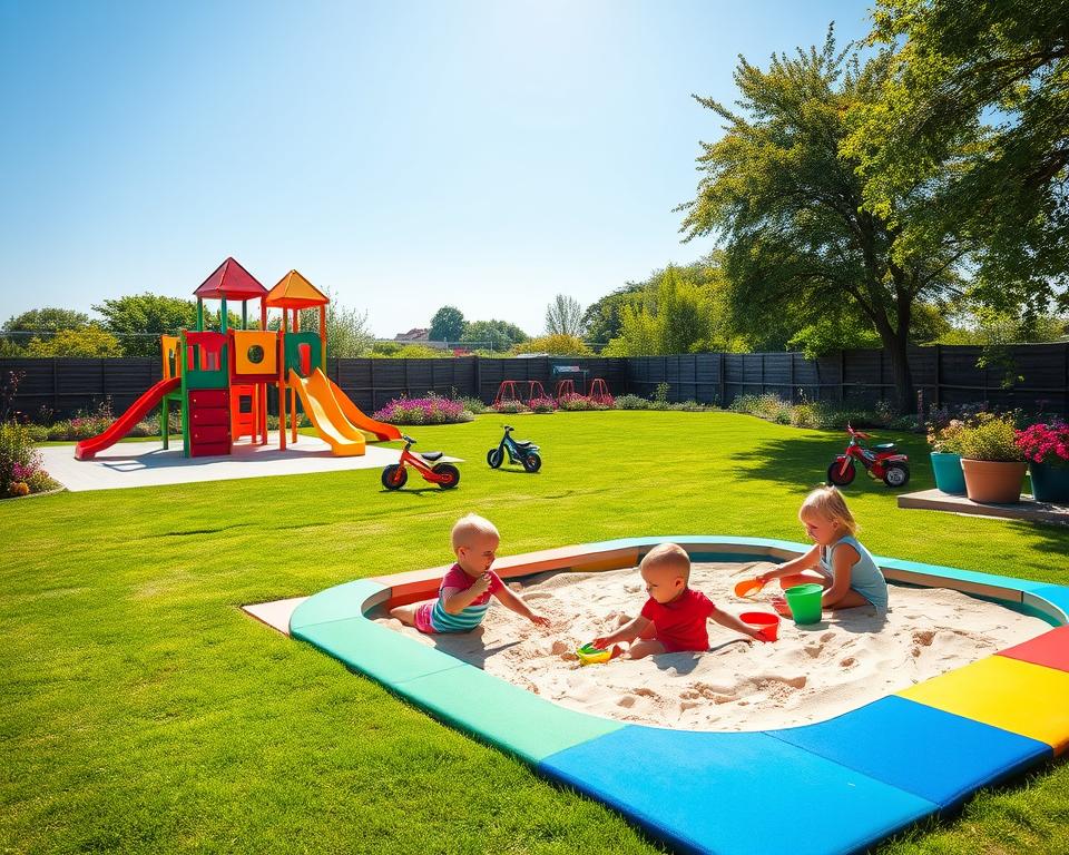 A vibrant children's play area in a garden, designed for various age groups. In the foreground, an inviting sandbox surrounded by colorful soft mats, with toddlers playing with buckets and shovels. To the left, a safe climbing structure with slides and ropes for older kids, showcasing bright, bold colors. In the middle ground, a lush green lawn dotted with playful, weather-resistant toys like tricycles and balls. In the background, a peaceful garden with flowering plants and trees, under a sunny blue sky. The lighting is warm and inviting, creating a cheerful atmosphere. The scene is viewed from a slightly elevated angle, giving a broad perspective of the playful environment, emphasizing creativity and safety in design. A vibrant children's play area in a garden, designed for various age groups. In the foreground, an inviting sandbox surrounded by colorful soft mats, with toddlers playing with buckets and shovels. To the left, a safe climbing structure with slides and ropes for older kids, showcasing bright, bold colors. In the middle ground, a lush green lawn dotted with playful, weather-resistant toys like tricycles and balls. In the background, a peaceful garden with flowering plants and trees, under a sunny blue sky. The lighting is warm and inviting, creating a cheerful atmosphere. The scene is viewed from a slightly elevated angle, giving a broad perspective of the playful environment, emphasizing creativity and safety in design.