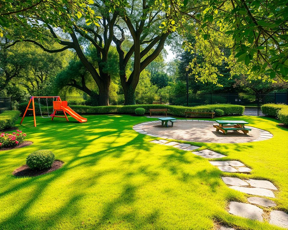 A vibrant family garden scene showcasing children's safety features. In the foreground, a well-maintained grassy area with colorful play equipment like a swing set and slide, surrounded by soft, rounded garden beds filled with flowers and low shrubs. In the middle ground, a careful layout of stone pathways leading to a sandbox and picnic area with a checkered blanket, all protected by child-safe fences. The background features lush trees, providing shade and creating a serene atmosphere. Bright, warm sunlight filters through the leaves, casting playful shadows on the ground. The scene is peaceful with a focus on safety, inviting a sense of playfulness and security for families. No people are present, emphasizing the safety measures in a family-friendly garden setting. A vibrant family garden scene showcasing children's safety features. In the foreground, a well-maintained grassy area with colorful play equipment like a swing set and slide, surrounded by soft, rounded garden beds filled with flowers and low shrubs. In the middle ground, a careful layout of stone pathways leading to a sandbox and picnic area with a checkered blanket, all protected by child-safe fences. The background features lush trees, providing shade and creating a serene atmosphere. Bright, warm sunlight filters through the leaves, casting playful shadows on the ground. The scene is peaceful with a focus on safety, inviting a sense of playfulness and security for families. No people are present, emphasizing the safety measures in a family-friendly garden setting.
