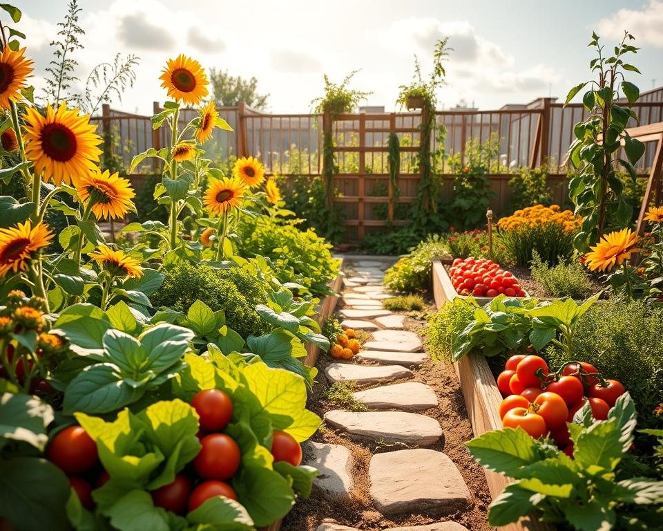A vibrant family garden showcasing an edible landscape brimming with fresh vegetables, herbs, and fruiting plants. In the foreground, lush green lettuce, bright red tomatoes, and aromatic basil grow alongside cheerful sunflowers. The middle ground features a charming pathway made of rustic stones, flanked by raised beds filled with colorful carrots and peppers. In the background, a small wooden trellis supports climbing peas and beans, reminiscent of a cozy, nurturing atmosphere. Soft, golden sunlight filters through a few fluffy clouds, casting gentle shadows that create a warm and inviting mood. The camera angle is slightly elevated, providing a wide view of the garden’s harmonious layout, promoting both education and enjoyment for families exploring the joys of gardening. A vibrant family garden showcasing an edible landscape brimming with fresh vegetables, herbs, and fruiting plants. In the foreground, lush green lettuce, bright red tomatoes, and aromatic basil grow alongside cheerful sunflowers. The middle ground features a charming pathway made of rustic stones, flanked by raised beds filled with colorful carrots and peppers. In the background, a small wooden trellis supports climbing peas and beans, reminiscent of a cozy, nurturing atmosphere. Soft, golden sunlight filters through a few fluffy clouds, casting gentle shadows that create a warm and inviting mood. The camera angle is slightly elevated, providing a wide view of the garden’s harmonious layout, promoting both education and enjoyment for families exploring the joys of gardening.