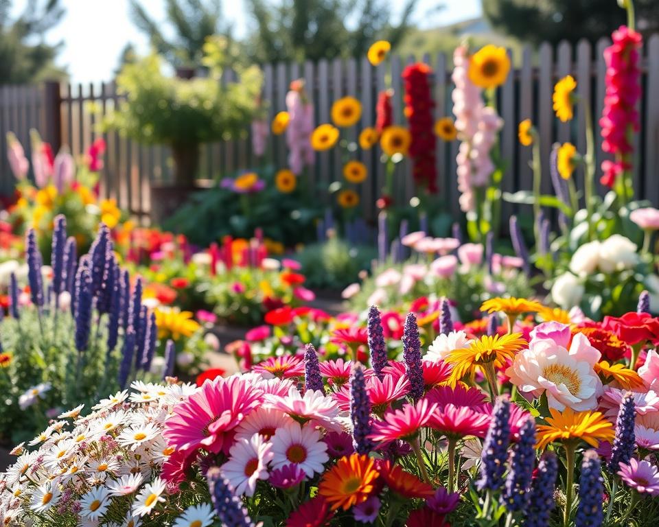 A vibrant garden bed design showcasing a harmonious mix of flowering plants, emphasizing color variety, height differentiation, and seasonal blooms. In the foreground, clusters of colorful perennials like daisies, lavender, and peonies create a lively display. The middle ground features a carefully arranged layout of taller plants, such as hollyhocks and sunflowers, providing vertical interest. In the background, a softly blurred fence and a hint of greenery from nearby trees create a tranquil atmosphere. The sunlight bathes the scene in a warm glow, highlighting the rich colors of the flowers. The image should evoke a sense of serenity and inspiration, reflecting a well-planned garden space. Capture this from a slightly elevated angle to emphasize depth and arrangement. A vibrant garden bed design showcasing a harmonious mix of flowering plants, emphasizing color variety, height differentiation, and seasonal blooms. In the foreground, clusters of colorful perennials like daisies, lavender, and peonies create a lively display. The middle ground features a carefully arranged layout of taller plants, such as hollyhocks and sunflowers, providing vertical interest. In the background, a softly blurred fence and a hint of greenery from nearby trees create a tranquil atmosphere. The sunlight bathes the scene in a warm glow, highlighting the rich colors of the flowers. The image should evoke a sense of serenity and inspiration, reflecting a well-planned garden space. Capture this from a slightly elevated angle to emphasize depth and arrangement.