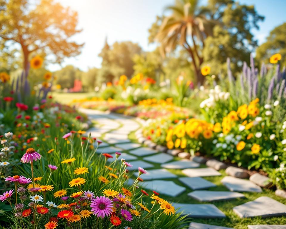 A vibrant mix garden design featuring an array of colorful flowers, diverse foliage, and ornamental plants. In the foreground, include clusters of blooming wildflowers in various hues, complemented by lush green grasses. The middle ground should showcase a winding path made of natural stones, bordered by carefully arranged flower beds with a mix of tall sunflowers, delicate daisies, and fragrant herbs. In the background, a soft-focus view reveals a serene garden landscape under a clear blue sky, dappled with warm sunlight filtering through trees. The atmosphere is cheerful and inviting, evoking a sense of tranquility and joy. Use a wide-angle perspective to capture the entire layout, emphasizing the harmony and beauty of the mix garden. A vibrant mix garden design featuring an array of colorful flowers, diverse foliage, and ornamental plants. In the foreground, include clusters of blooming wildflowers in various hues, complemented by lush green grasses. The middle ground should showcase a winding path made of natural stones, bordered by carefully arranged flower beds with a mix of tall sunflowers, delicate daisies, and fragrant herbs. In the background, a soft-focus view reveals a serene garden landscape under a clear blue sky, dappled with warm sunlight filtering through trees. The atmosphere is cheerful and inviting, evoking a sense of tranquility and joy. Use a wide-angle perspective to capture the entire layout, emphasizing the harmony and beauty of the mix garden.